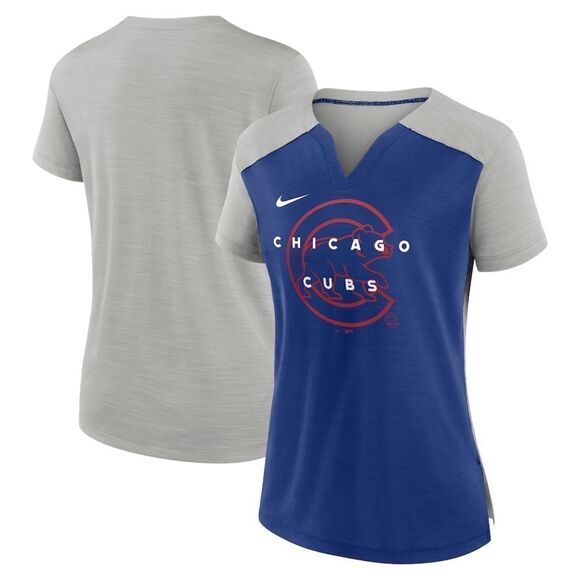 Chicago Cubs Nike Women's Slub Performance V-Neck Boxy T-Shirt - Silver/Royal - Picture 1 of 14